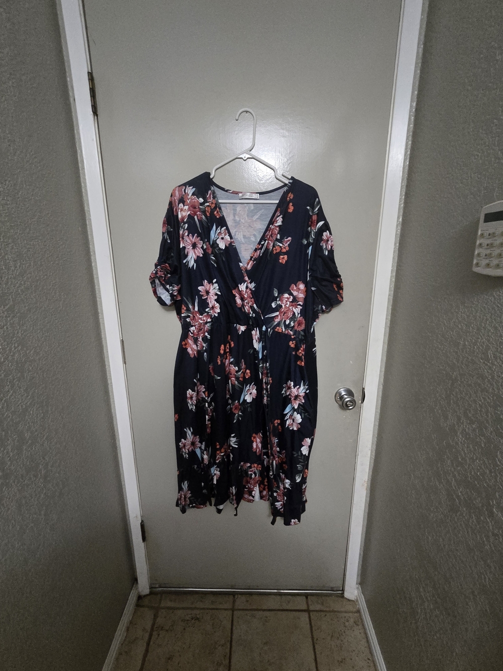 Wrap-Style Floral Midi Dress in Navy with Pink Blooms
